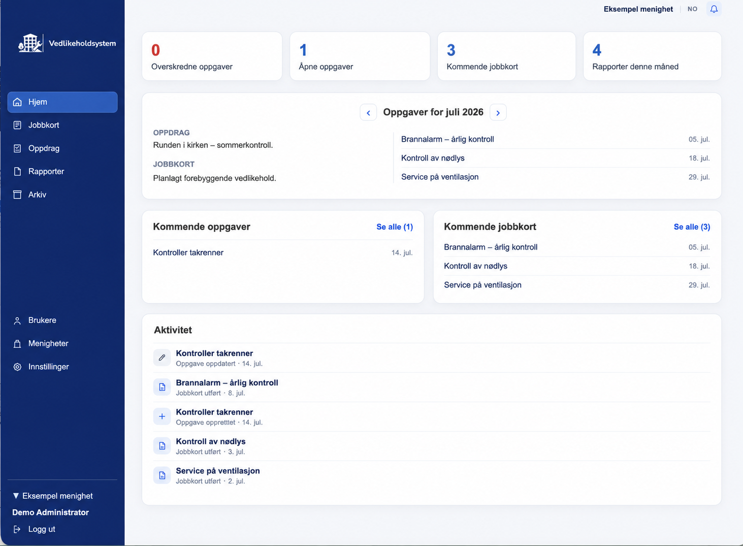 Eksempel på Vedlikeholdsystem-dashboard